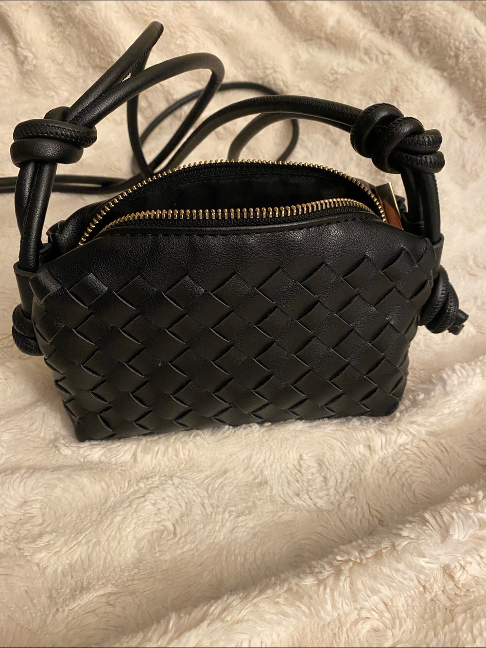 Loume Woven Black Leather Crossbody with Knotted Strap